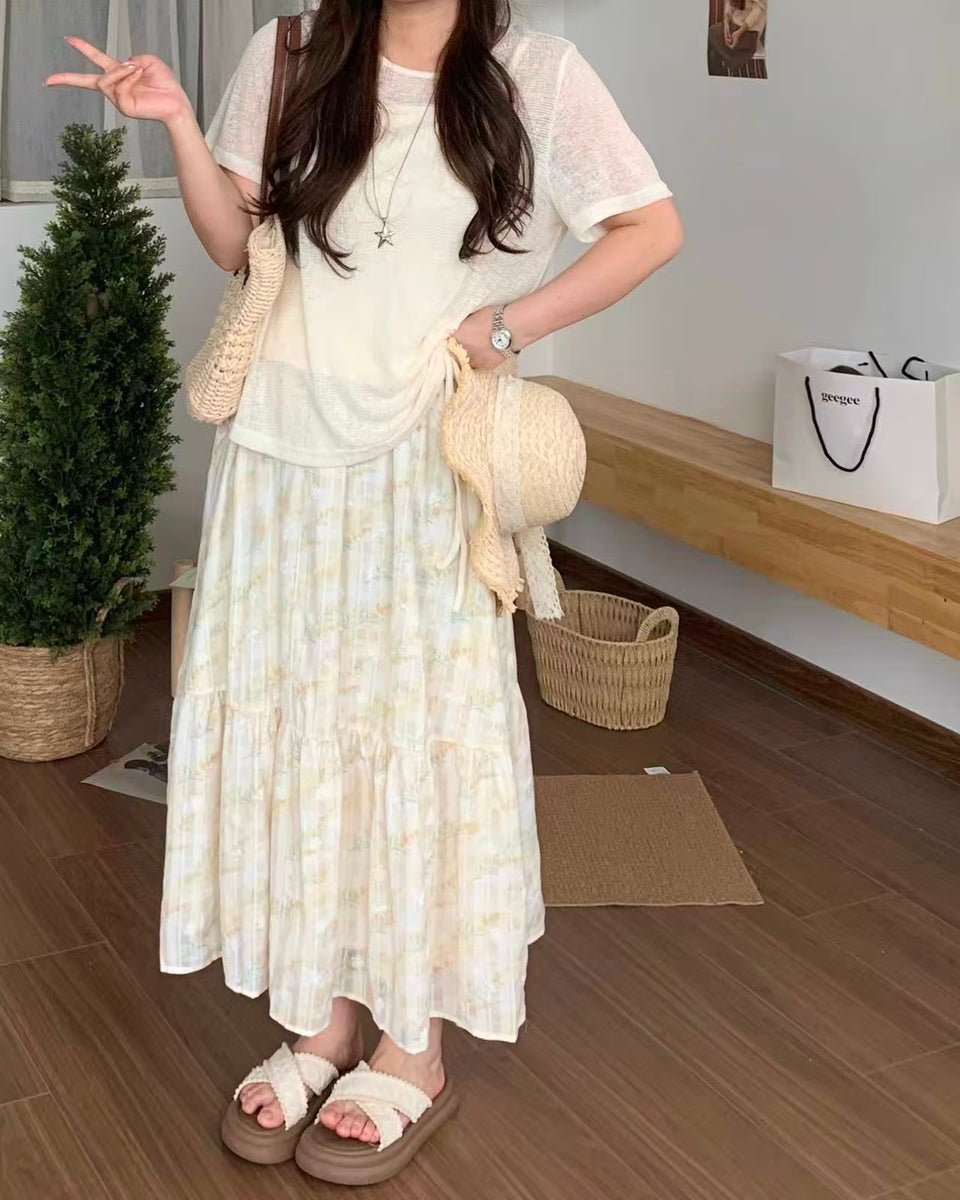 crushpeach softcore floral Breathable elastic beige ruffled midi