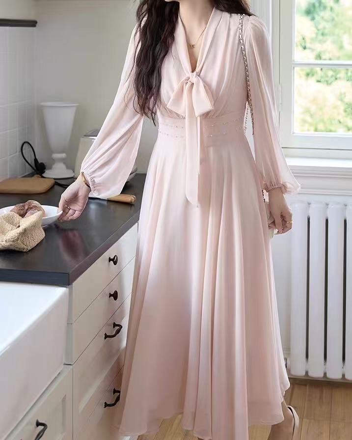 crushpeach Peach Pink Bow V-Neck A-Line Dress