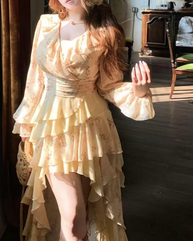 pale yellow long sleeve dress Annabelle Yellow Lantern Sleeve Pleated Maxi Dress, XL / Yellow