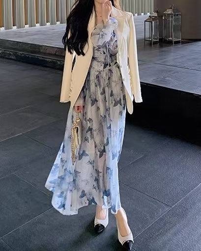 CRUSHPEACH  Blue-Purple Butterfly Long Sleeve maxi Dress