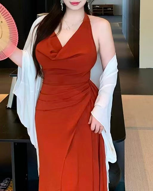 crushpeach Retro Elegance Off-Shoulder Brick Red Halter Dress/coat