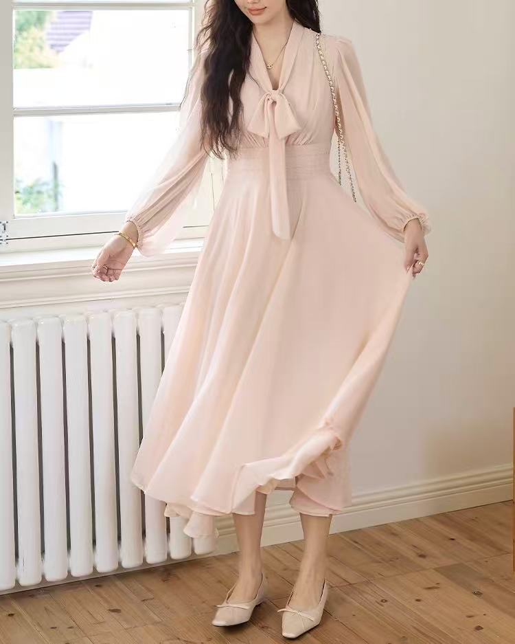 crushpeach Peach Pink Bow V-Neck A-Line Dress