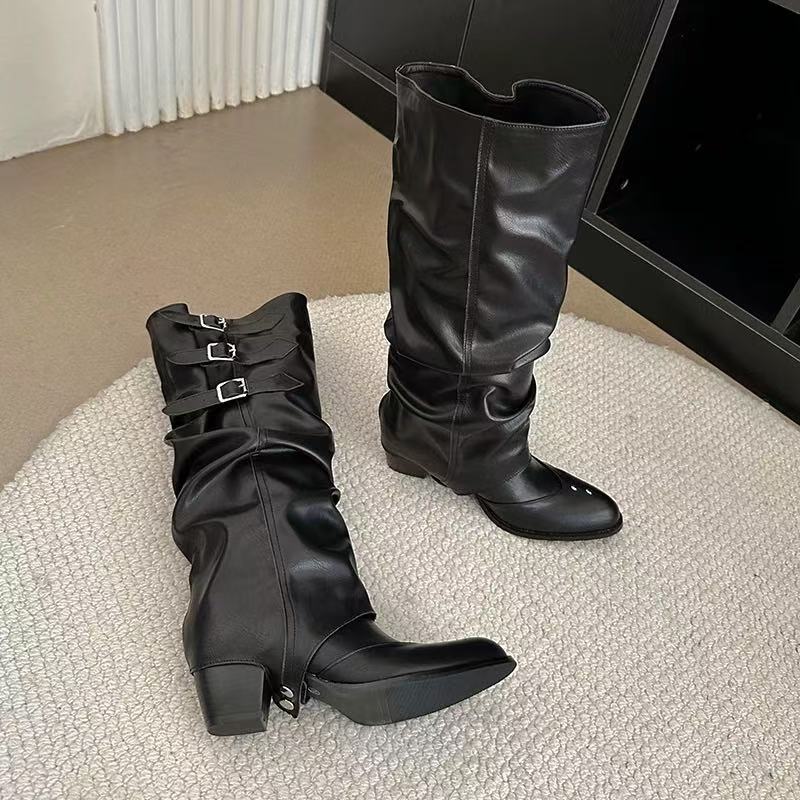 crushpeach Removable Scuffed Brown Western Stacked Boots-black