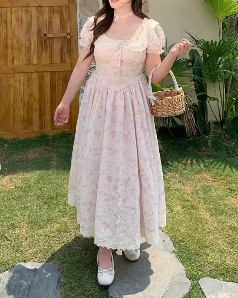 crushpeach Pink Cherry Garden Exquisite Cotton Embroidered Lace Maxi Dress