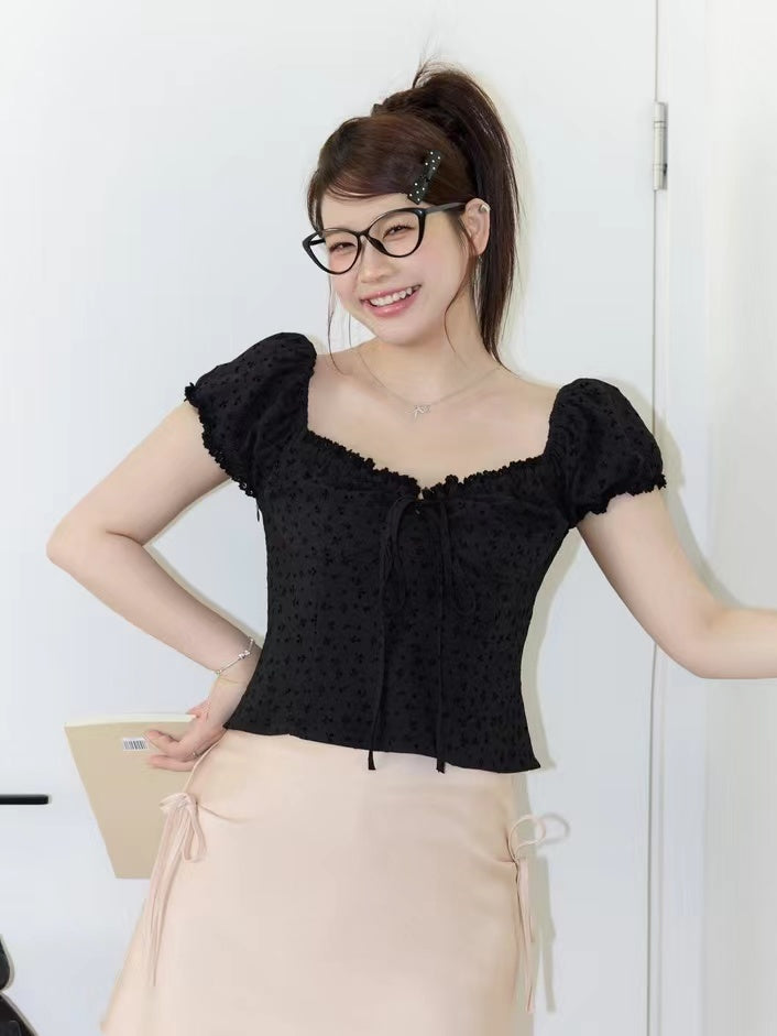 crushpeach Paris Holiday Black French Lace off shoulder 2-Way Shirt