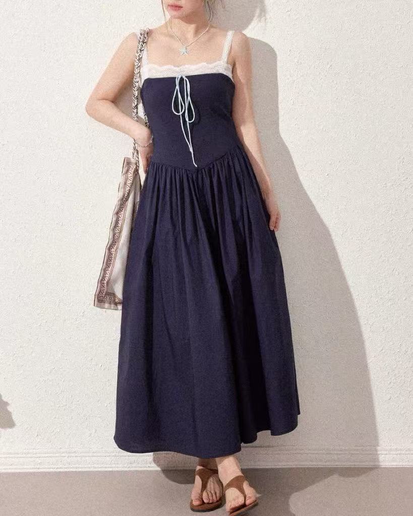 crushpeach Navy Blue Lace Patchwork Puffy  POKET MAXI Dress