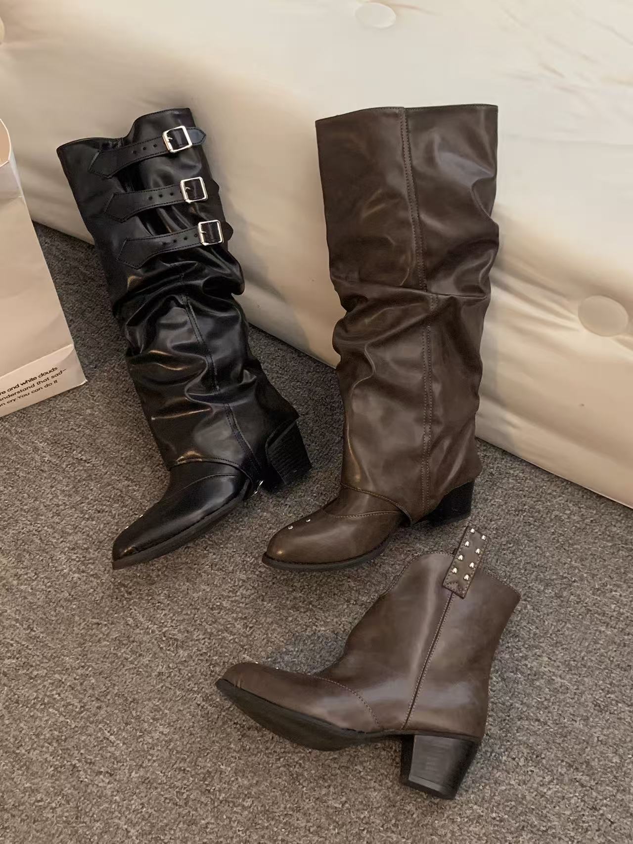 crushpeach Removable Scuffed Brown Western Stacked Boots-black