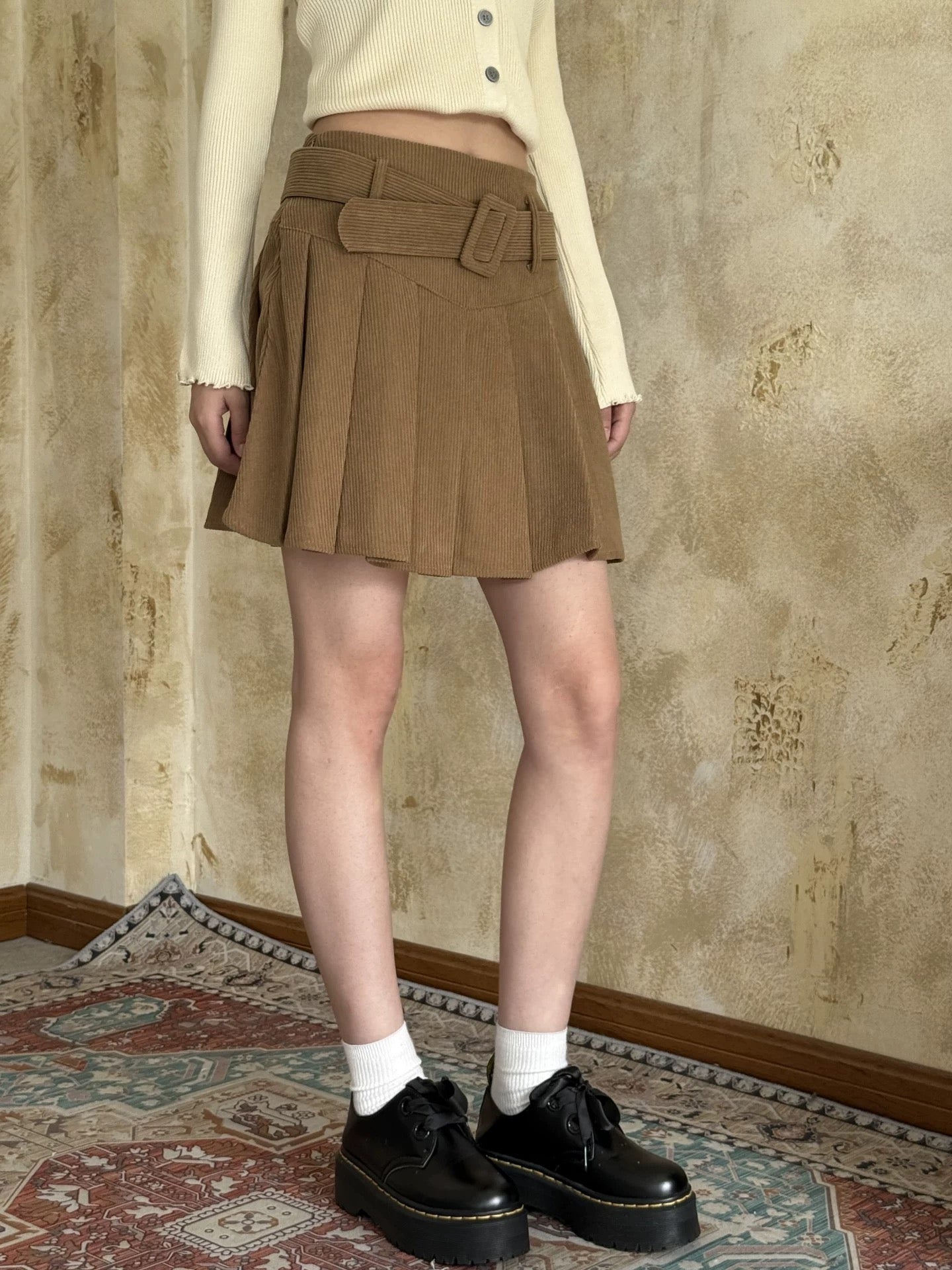 crushpeach Corduroy Vertical Stripe Camel Pleated Skirt