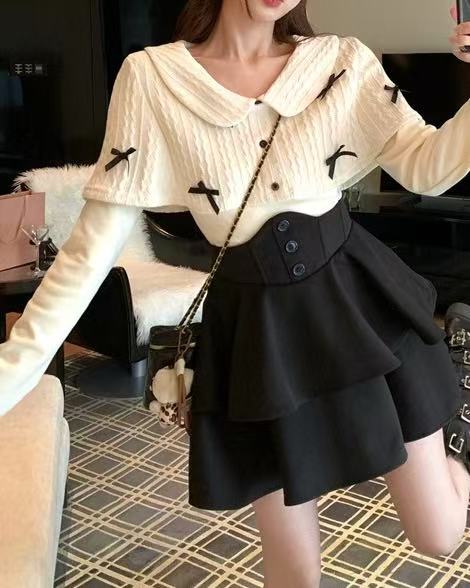 crushpeach Beige Christmas Bow Cape Collar Knit Sweater