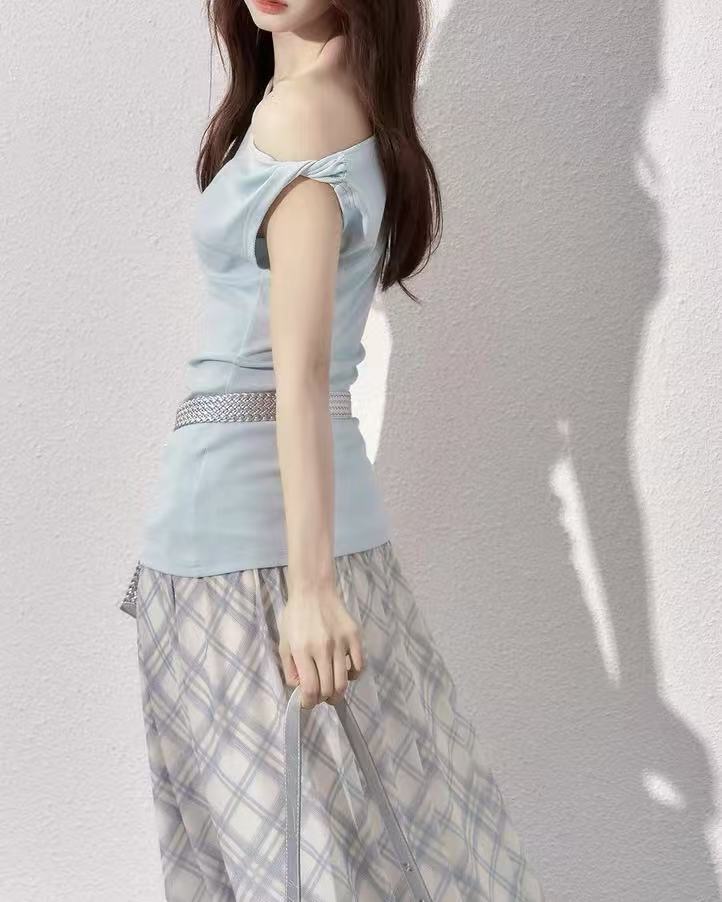 Sea Salt Cheese Blue One Shoulder Stretch Top