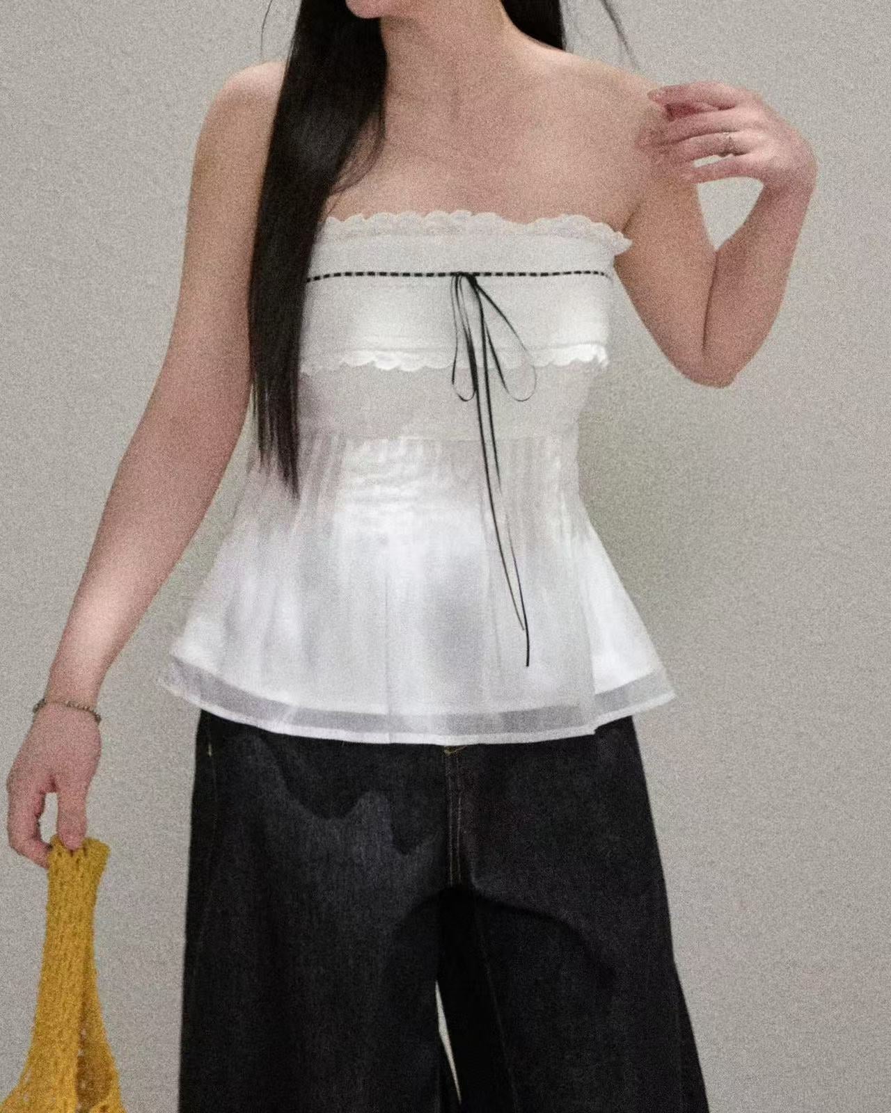 crushpeach End of Summer White Lace pure cotton Patchwork Padded Stretch tube top