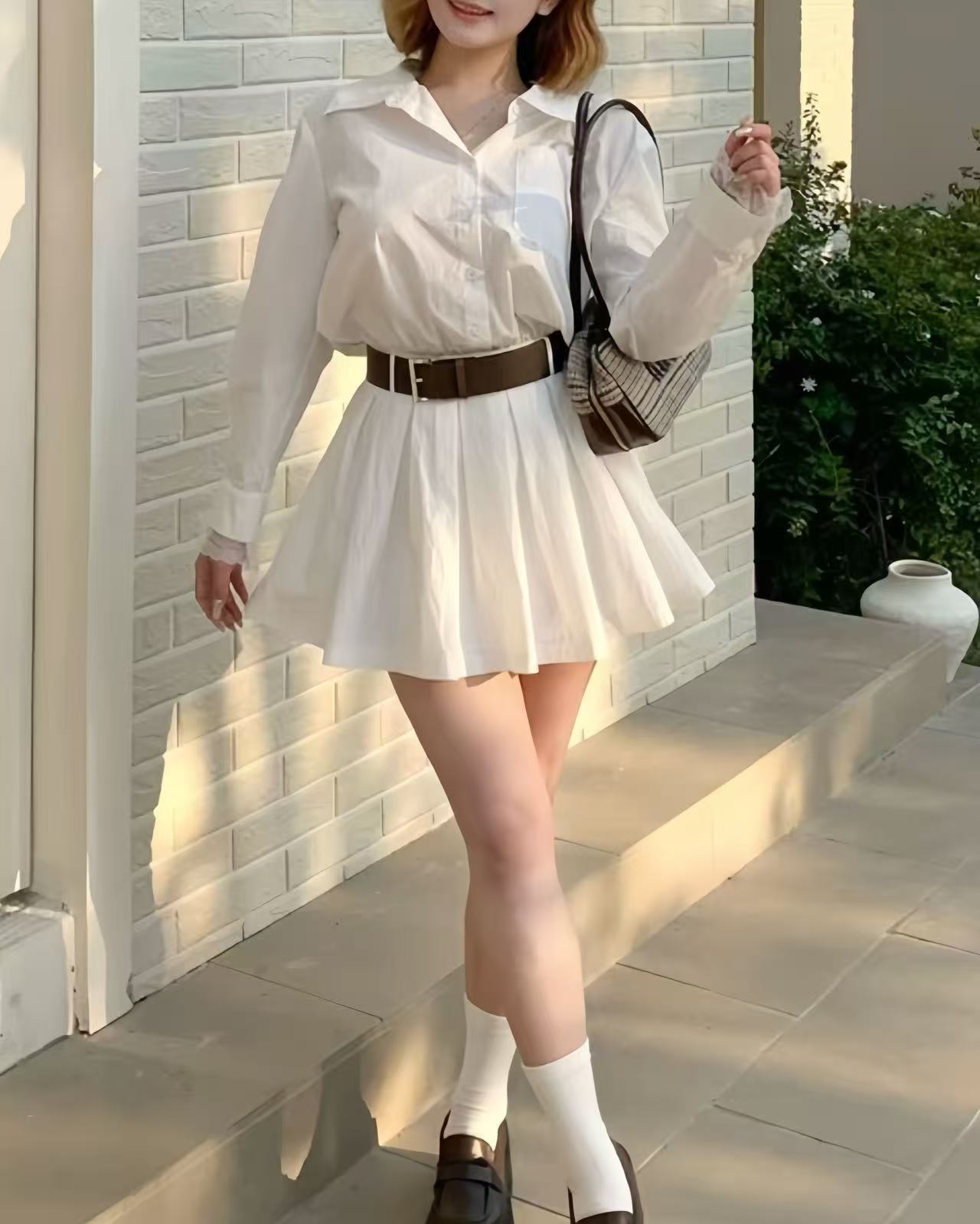 crushpeach Classic versatile WHITE shirt-style pleated mini dress-with belt