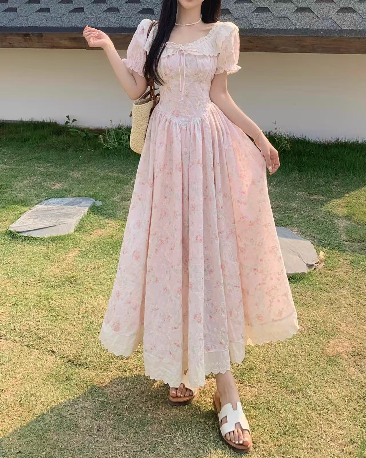 crushpeach Pink Cherry Garden Exquisite Cotton Embroidered Lace Maxi Dress