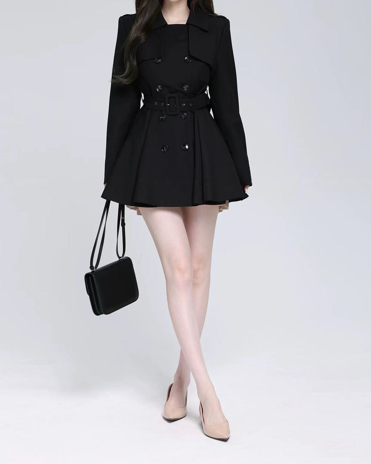 High-Quality Fitted Waist Blazer-Collar Short black Trench Coat