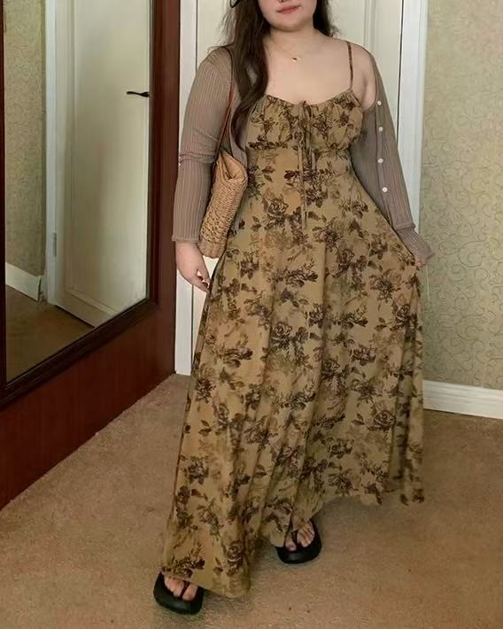 crushpeach flower in autumn Brown Sketch Floral Midi Dress