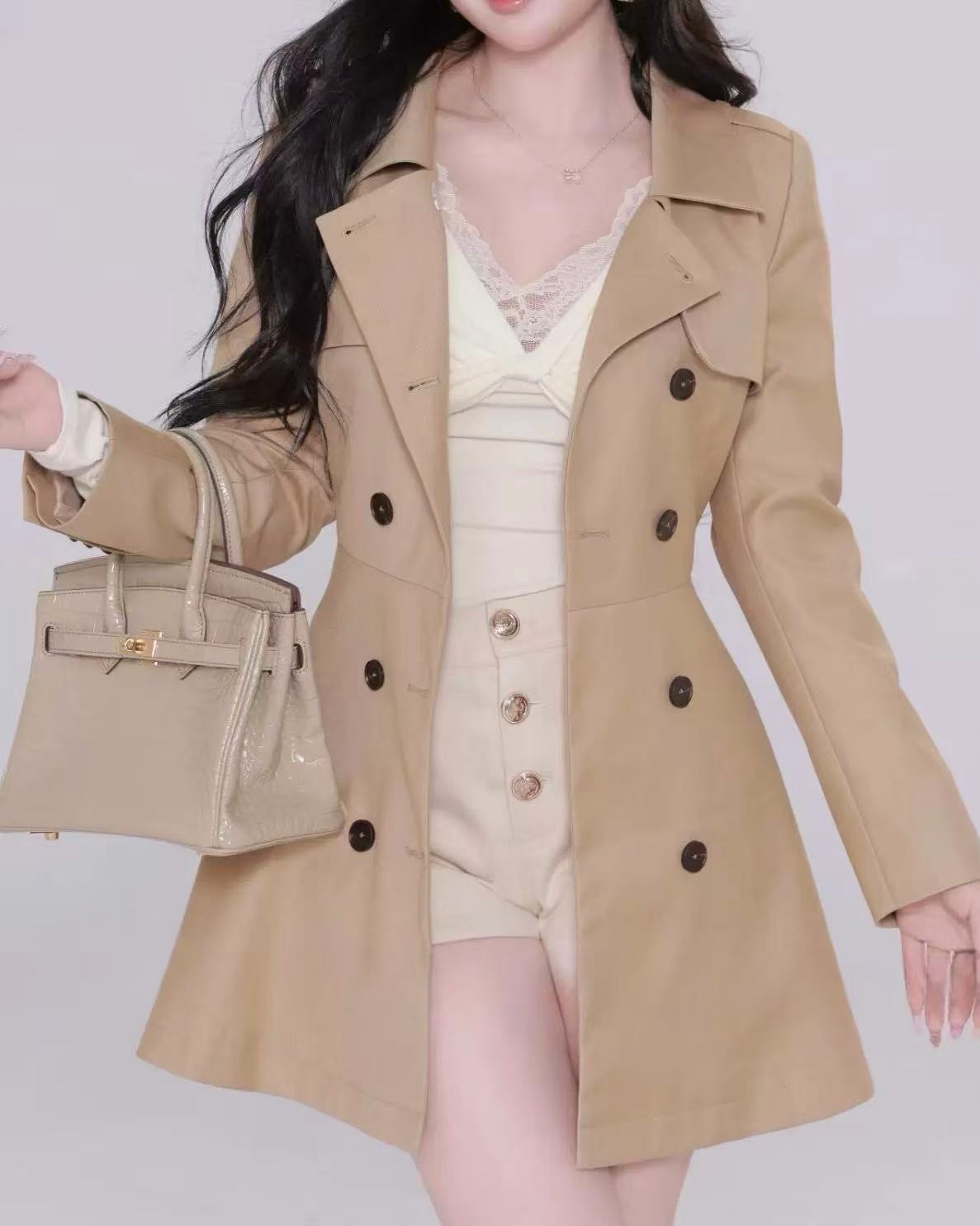 crushpeach High-Quality Fitted Waist Blazer-Collar Short brown Trench Coat