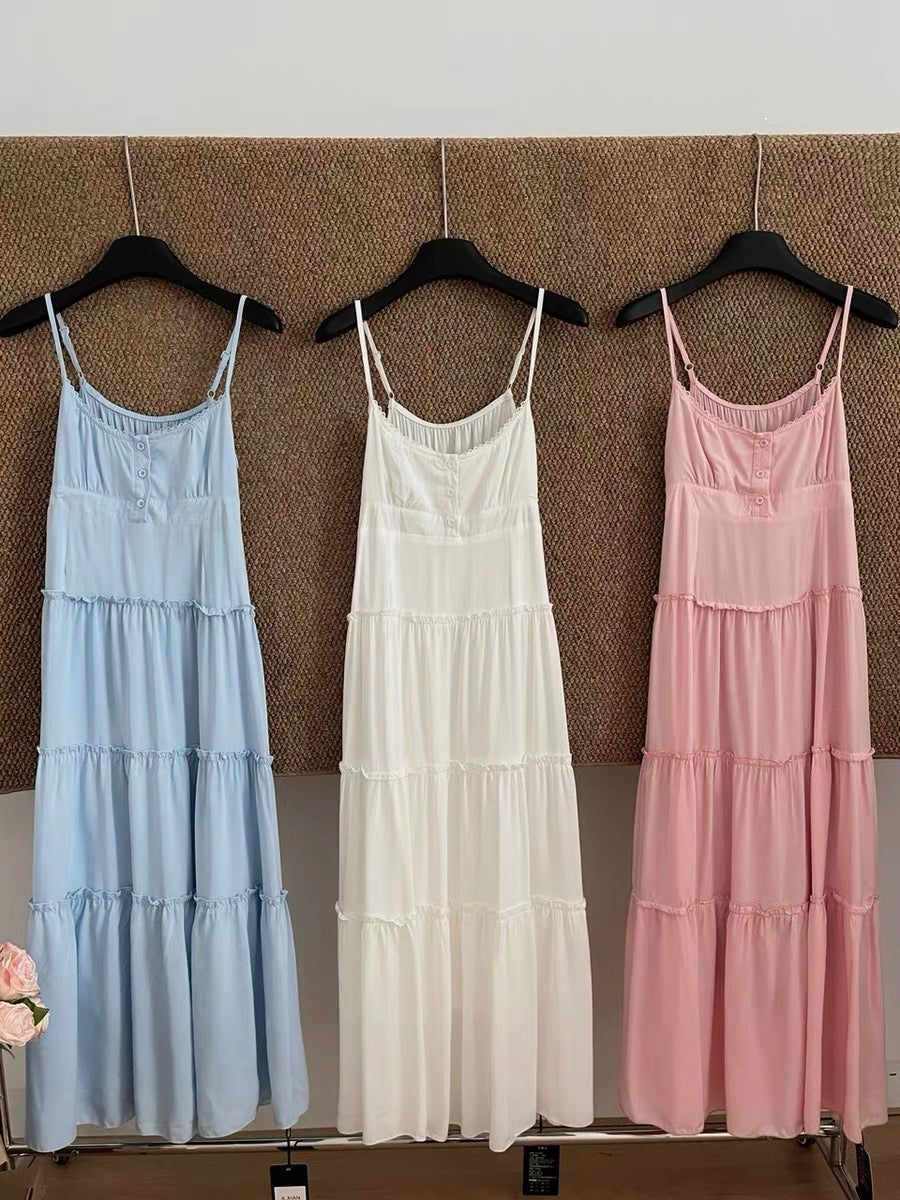 crushpeach Summer Ice Cream 3-Button Shoulder Strap Adjustable Layer Cake Dress-3 colors~3787