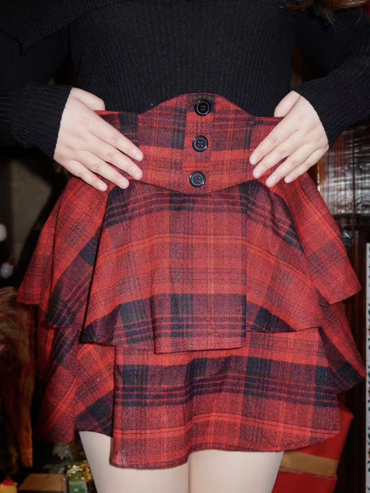 Crushpeach Twilight Red Plaid Ruffle Corset MINI Skirt