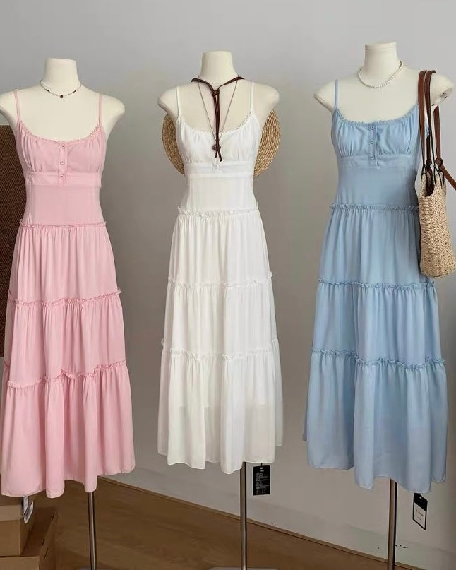 crushpeach Summer Ice Cream 3-Button Shoulder Strap Adjustable Layer Cake Dress-3 colors~3787