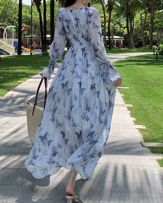CRUSHPEACH  Blue-Purple Butterfly Long Sleeve maxi Dress