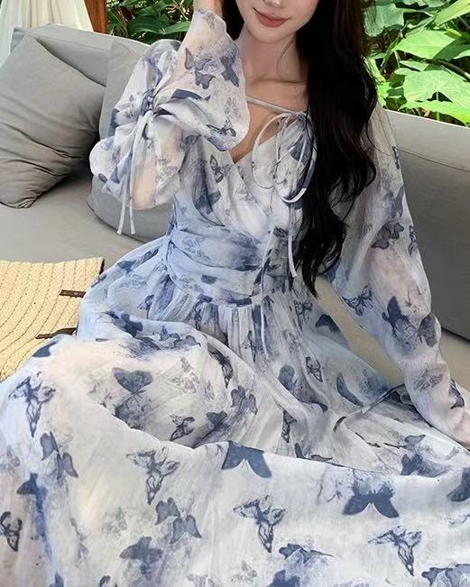 CRUSHPEACH  Blue-Purple Butterfly Long Sleeve maxi Dress
