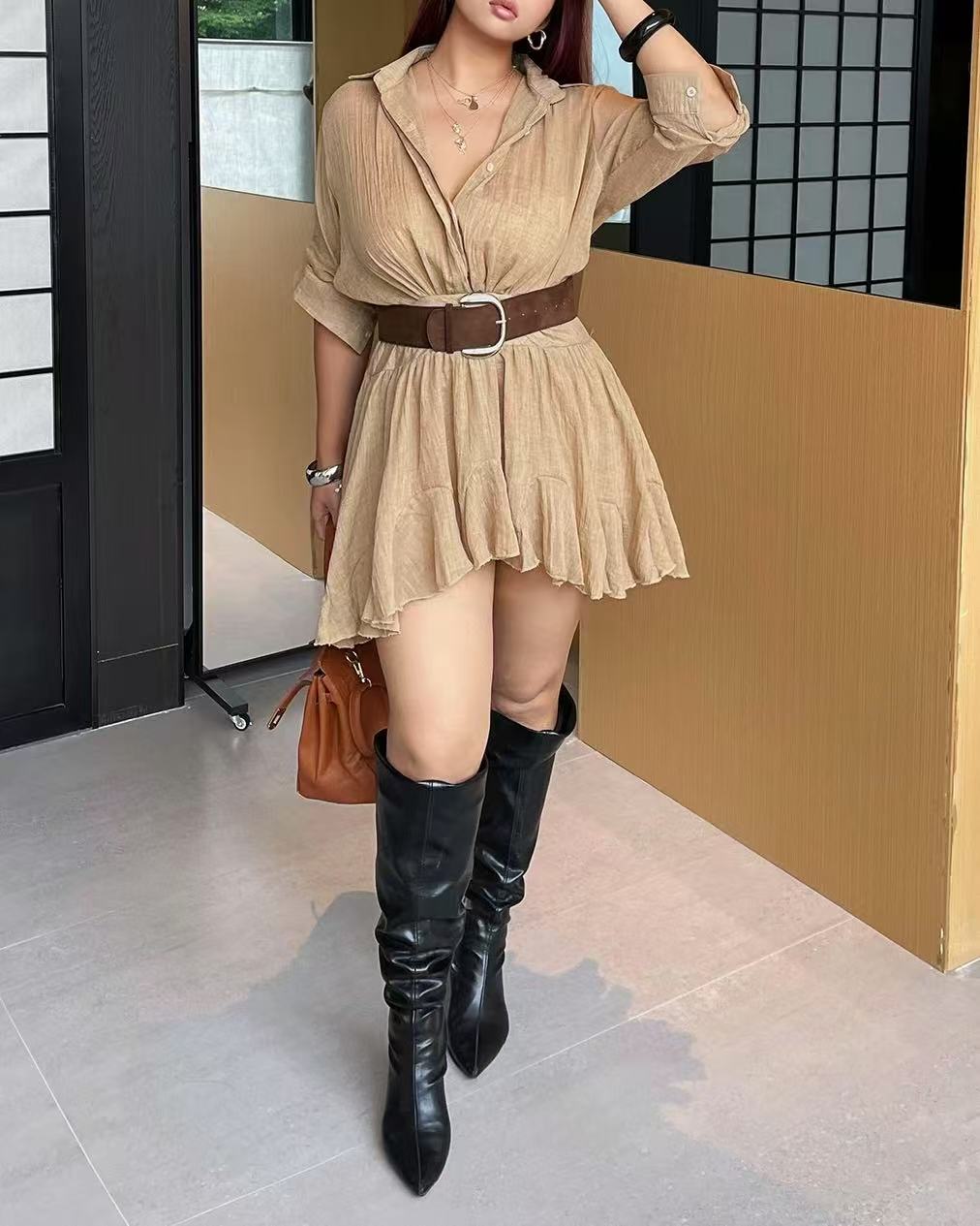 crushpeach Waltz of Falling Leaves Beige shirt mini dress with belt