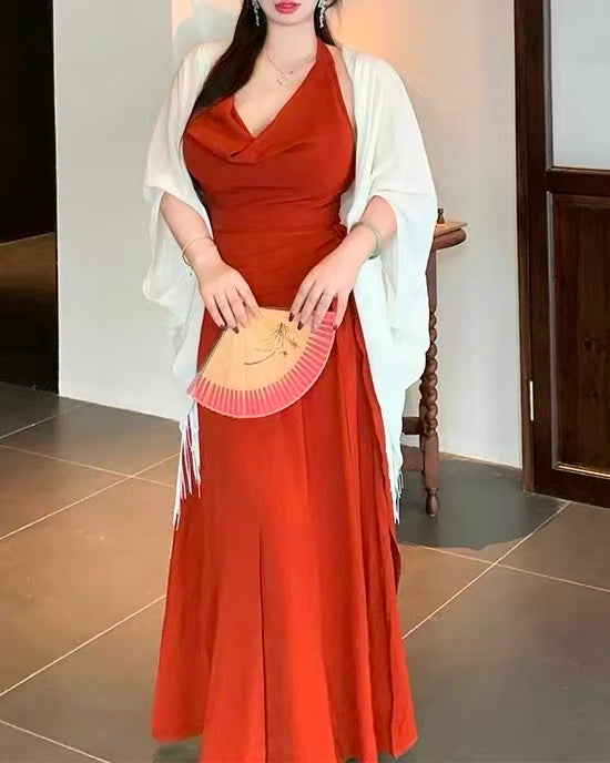 crushpeach Retro Elegance Off-Shoulder Brick Red Halter Dress/coat