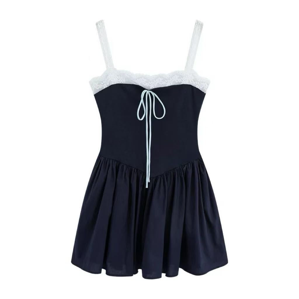 crushpeach Navy Blue Lace Patchwork Puffy  POKET MINI Dress
