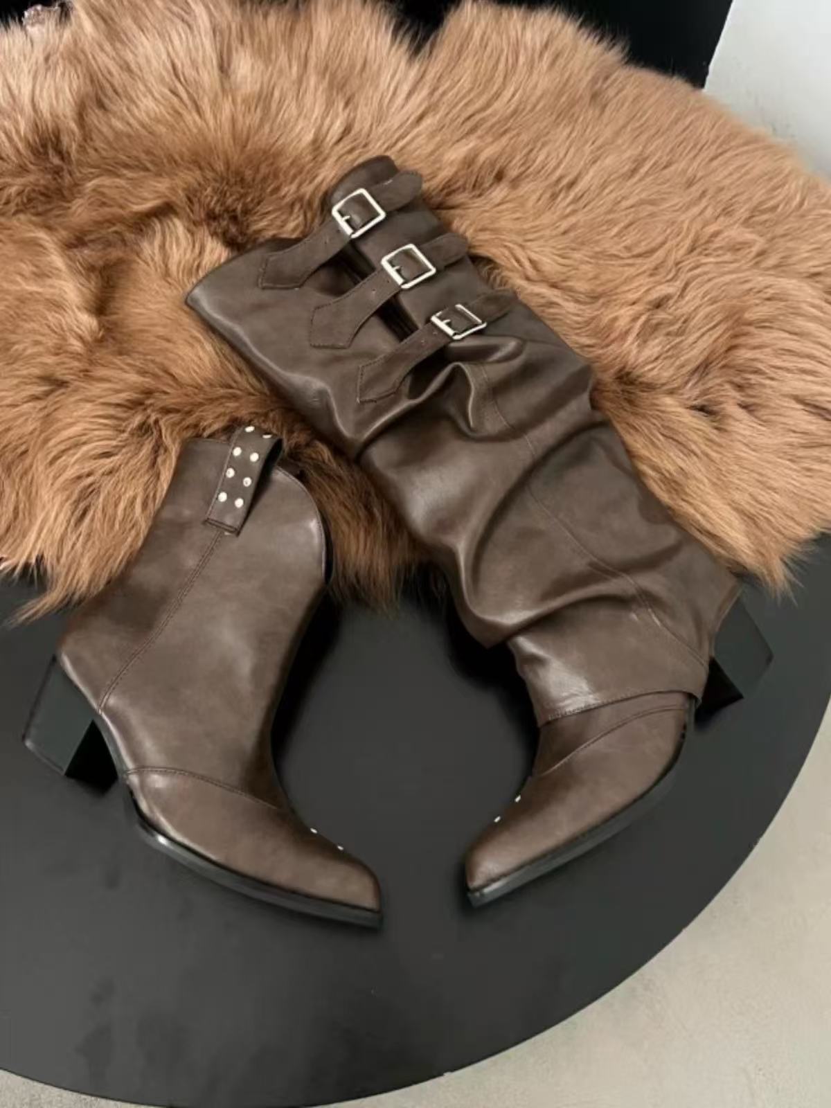 crushpeach Removable Scuffed Brown Western Stacked Boots