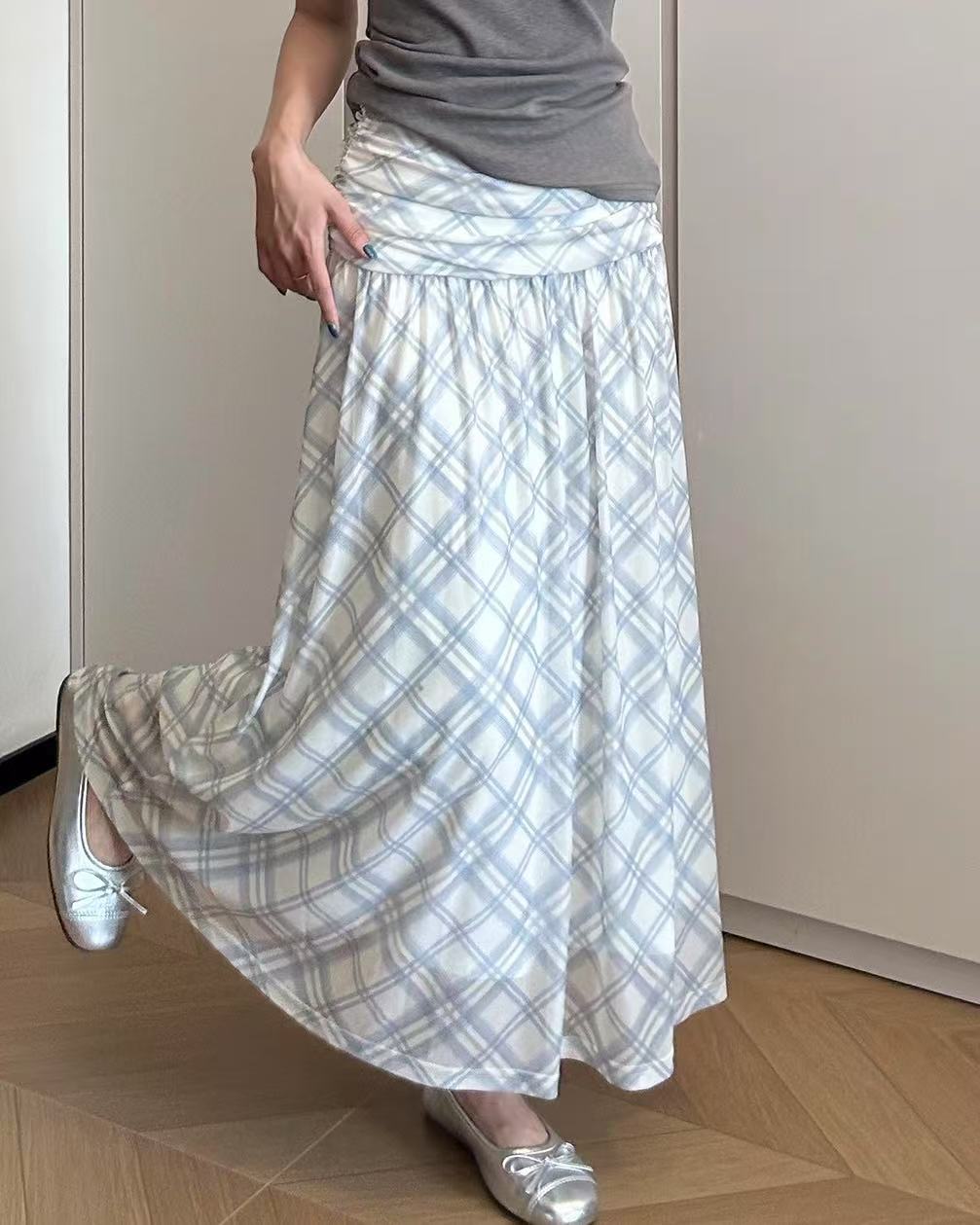 Sea Salt Cheese Blue Check Pleated Chiffon MAXI SKIRT
