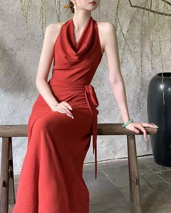 crushpeach Retro Elegance Off-Shoulder Brick Red Halter Dress/coat