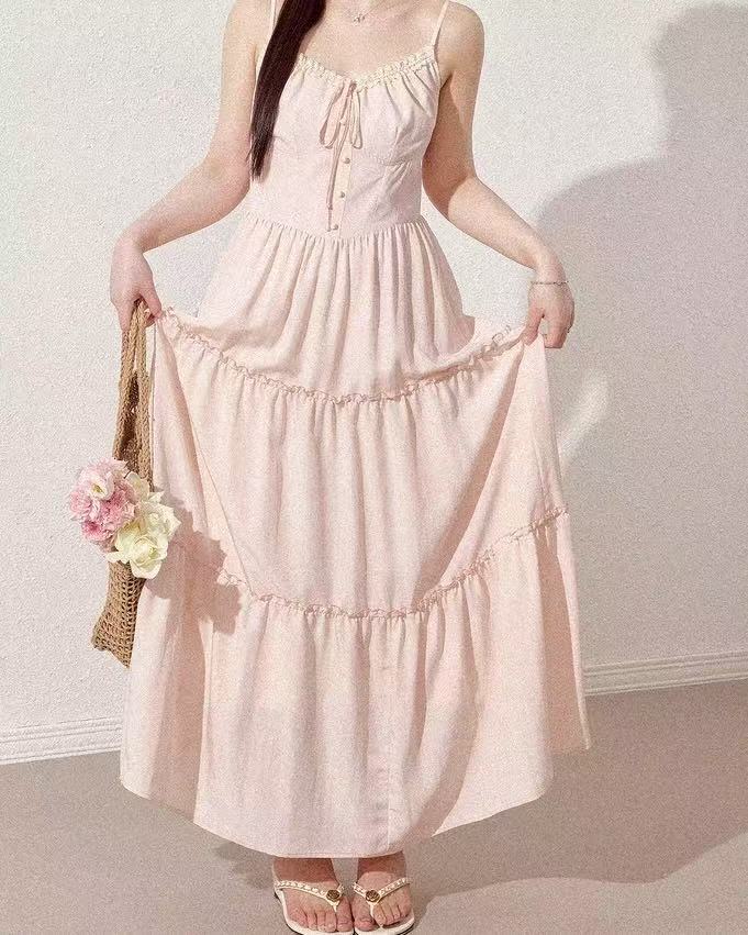 CRUSHPEACH V-Neck Pink Lace Layered Cake Dress