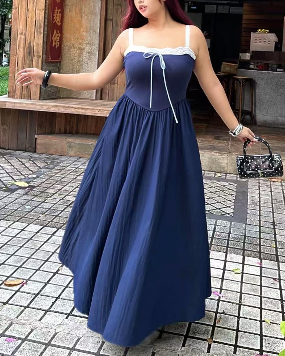 crushpeach Navy Blue Lace Patchwork Puffy  POKET MAXI Dress