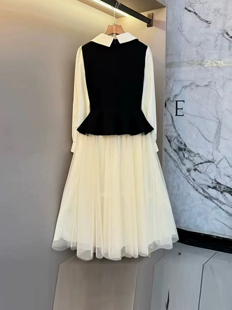 Christmas Silk-Sleeve Collar-Patch Pearl puff MAXI Dress