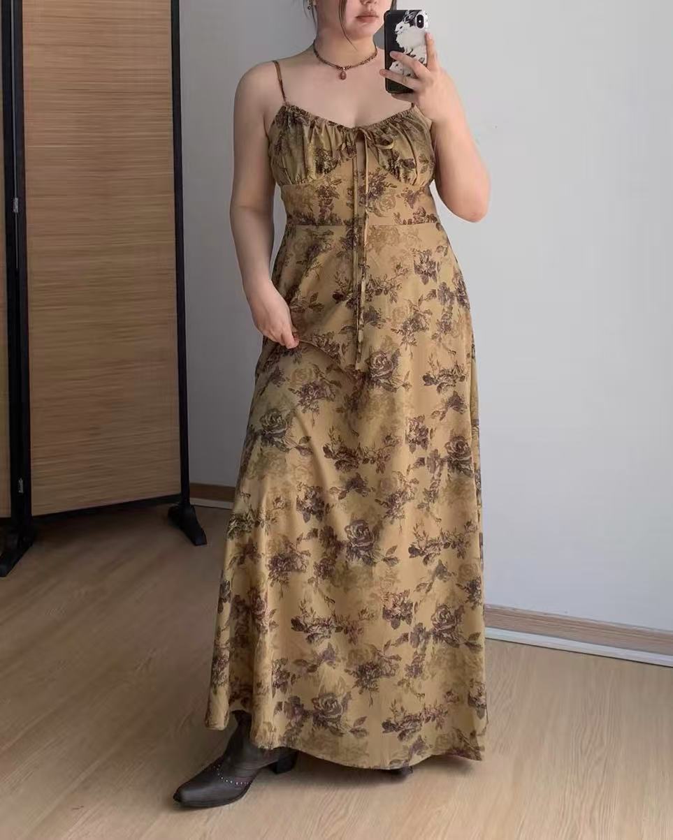 crushpeach flower in autumn Brown Sketch Floral Midi Dress