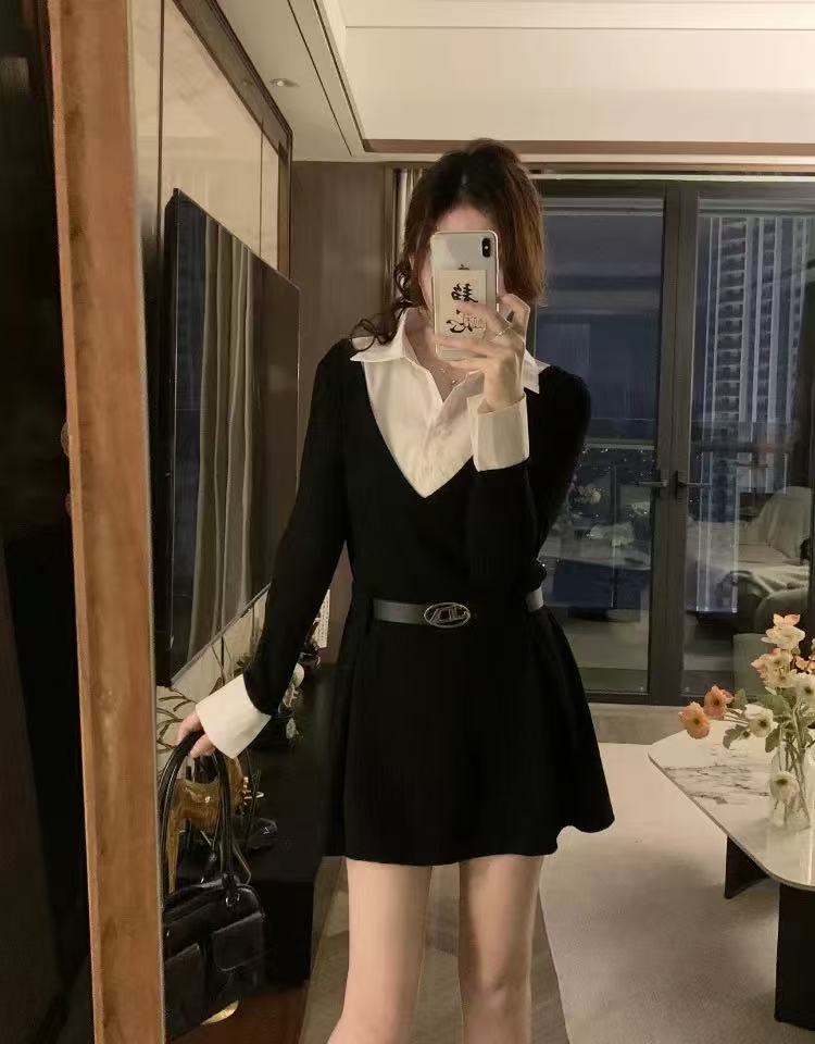 crushpeach legally blonde 2 in 1 black knitted mini dress with belt