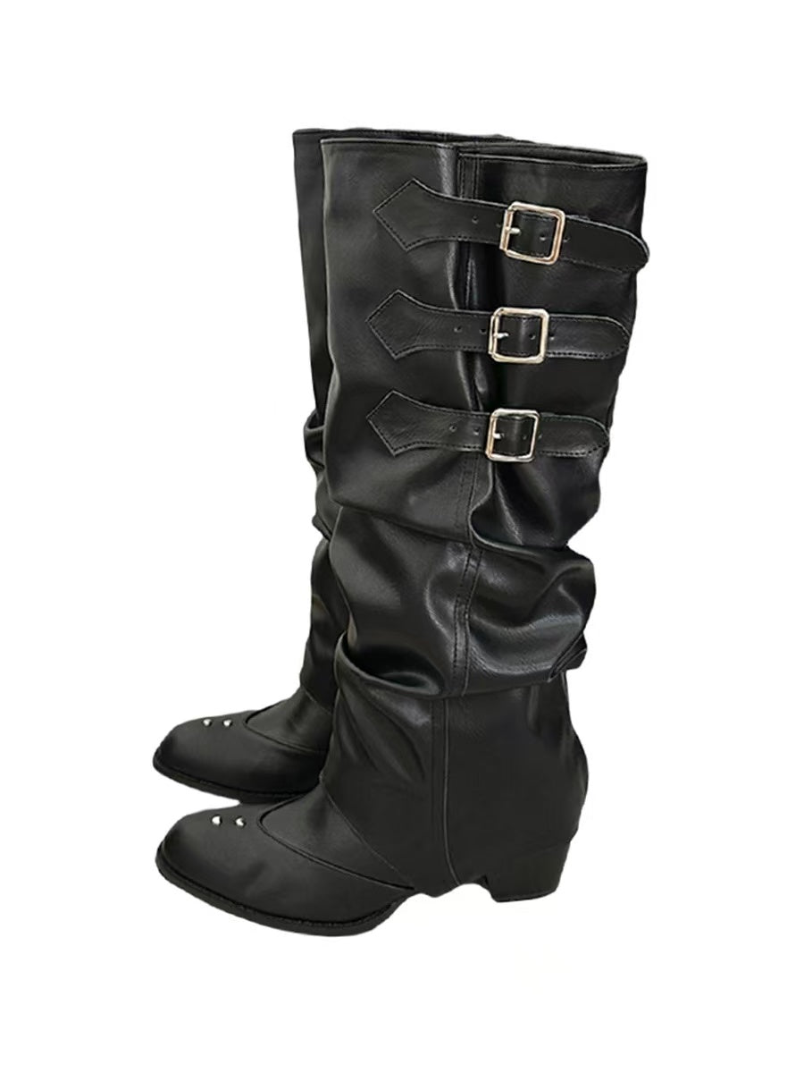 crushpeach Removable Scuffed Brown Western Stacked Boots-black
