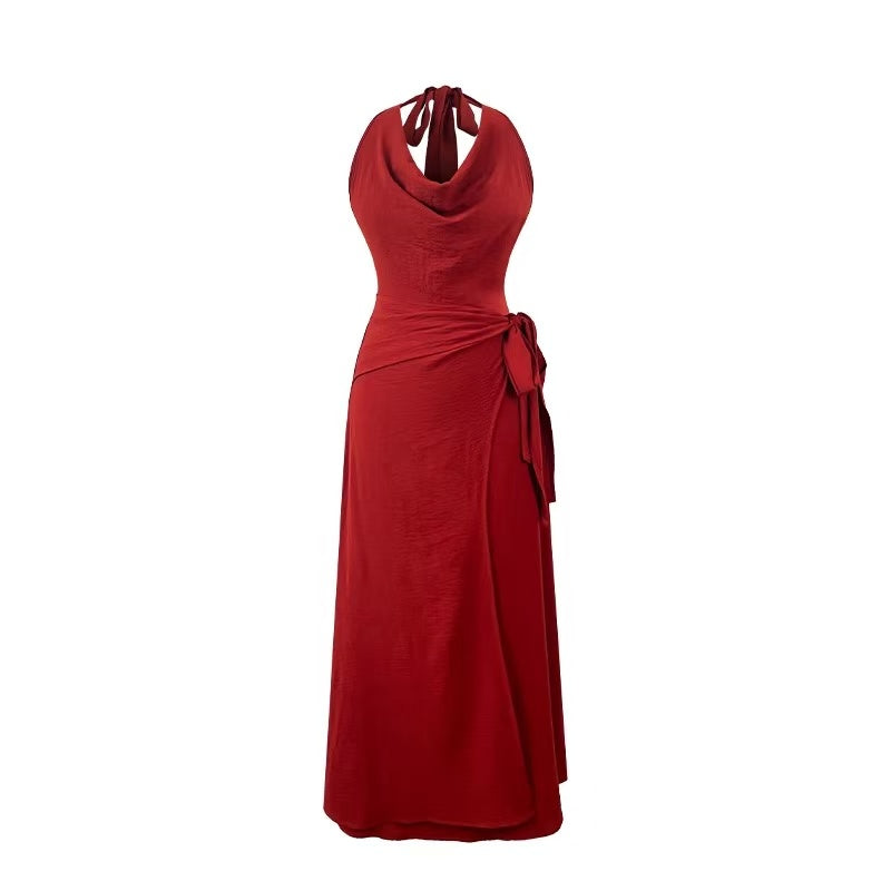crushpeach Retro Elegance Off-Shoulder Brick Red Halter Dress/coat