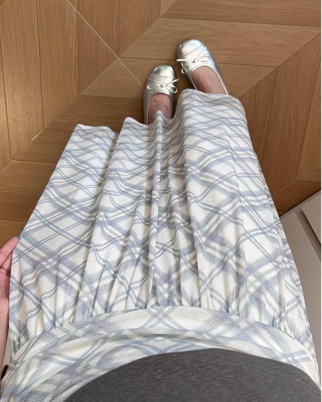 Sea Salt Cheese Blue Check Pleated Chiffon MAXI SKIRT