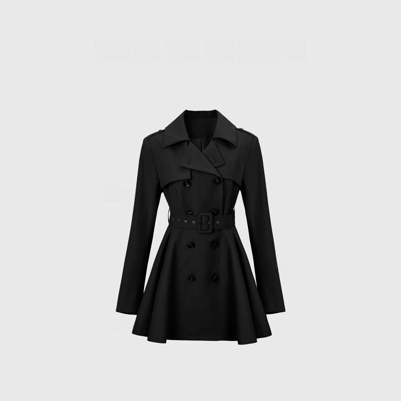 High-Quality Fitted Waist Blazer-Collar Short black Trench Coat