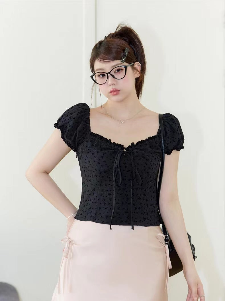 crushpeach Paris Holiday Black French Lace off shoulder 2-Way Shirt