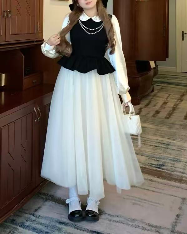 Christmas Silk-Sleeve Collar-Patch Pearl puff MAXI Dress