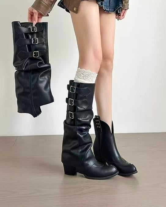 crushpeach Removable Scuffed Brown Western Stacked Boots-black