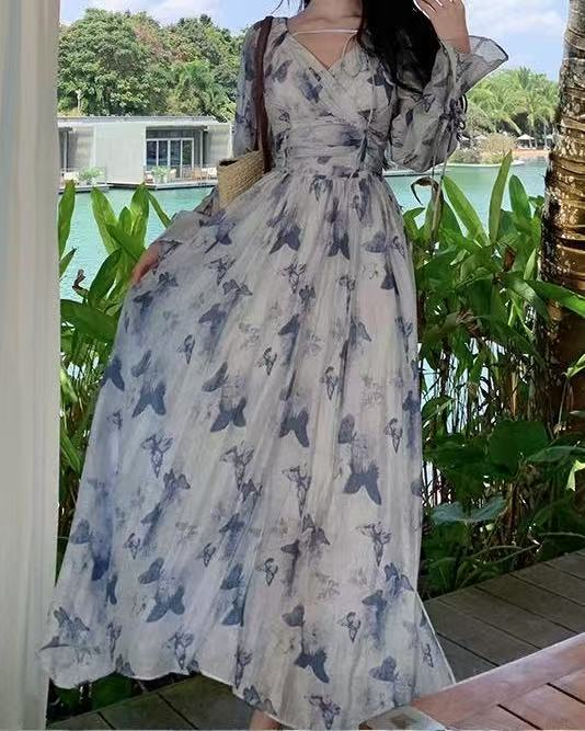 CRUSHPEACH  Blue-Purple Butterfly Long Sleeve maxi Dress