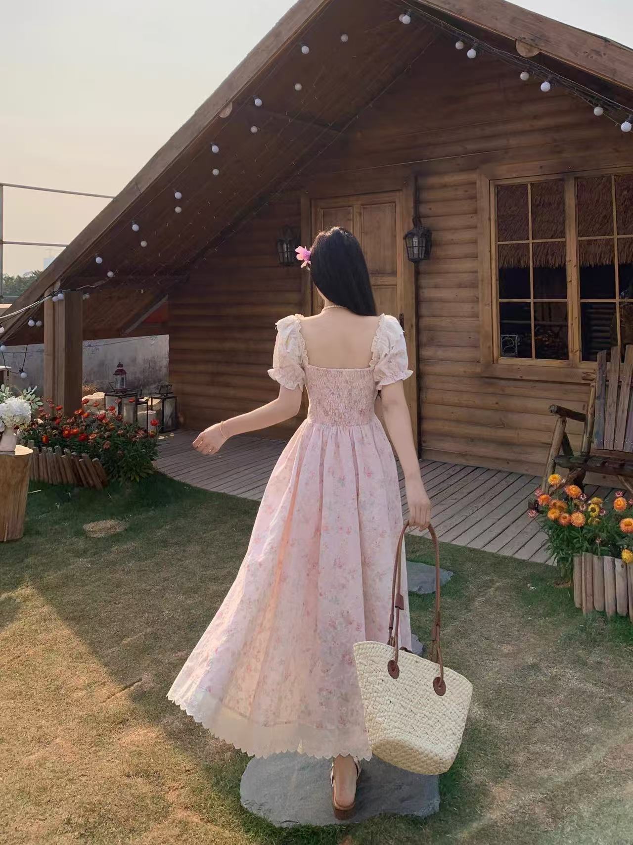 crushpeach Pink Cherry Garden Exquisite Cotton Embroidered Lace Maxi Dress