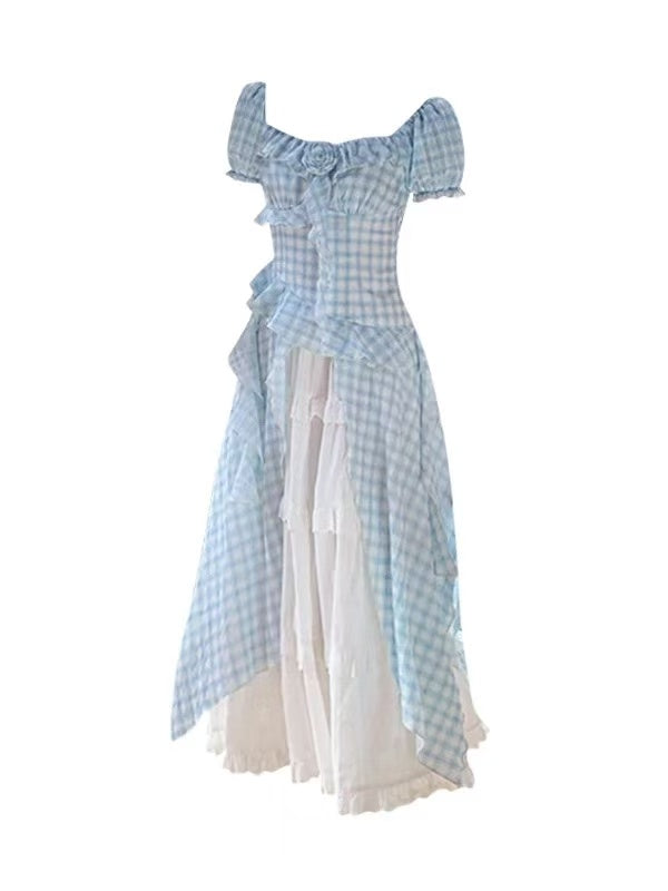 Sea Salt Cheese Blue-and-White Check Romantic Ruffled Tea Top ➕ Skirt