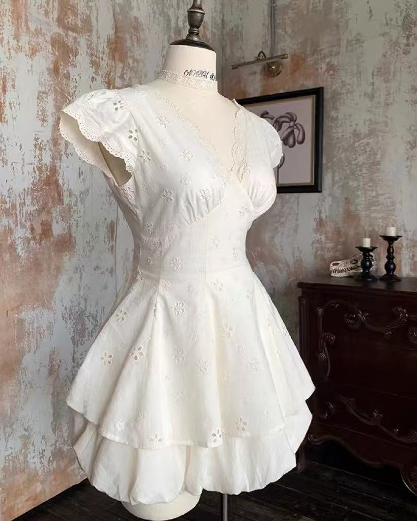 crushpeach White cotton lace puff skirt-XL