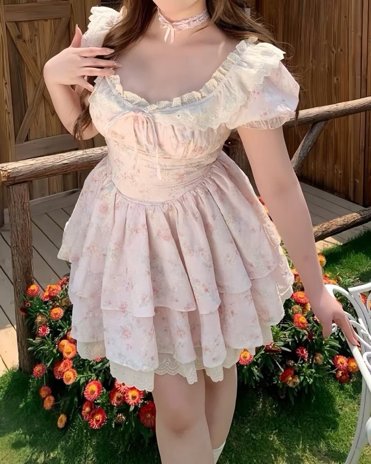 crushpeach Pink Cherry Garden Exquisite Cotton Embroidered Lace MINI Dress