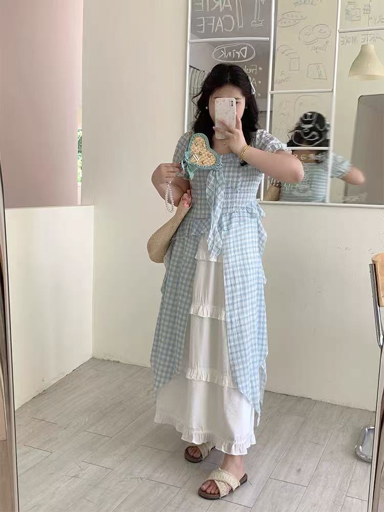 Sea Salt Cheese Blue-and-White Check Romantic Ruffled Tea Top ➕ Skirt