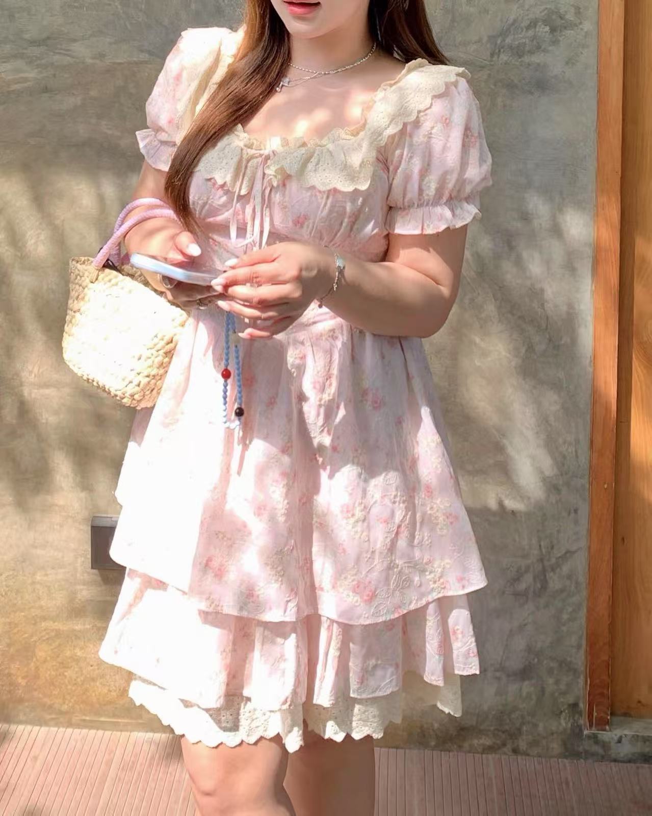crushpeach Pink Cherry Garden Exquisite Cotton Embroidered Lace MINI Dress